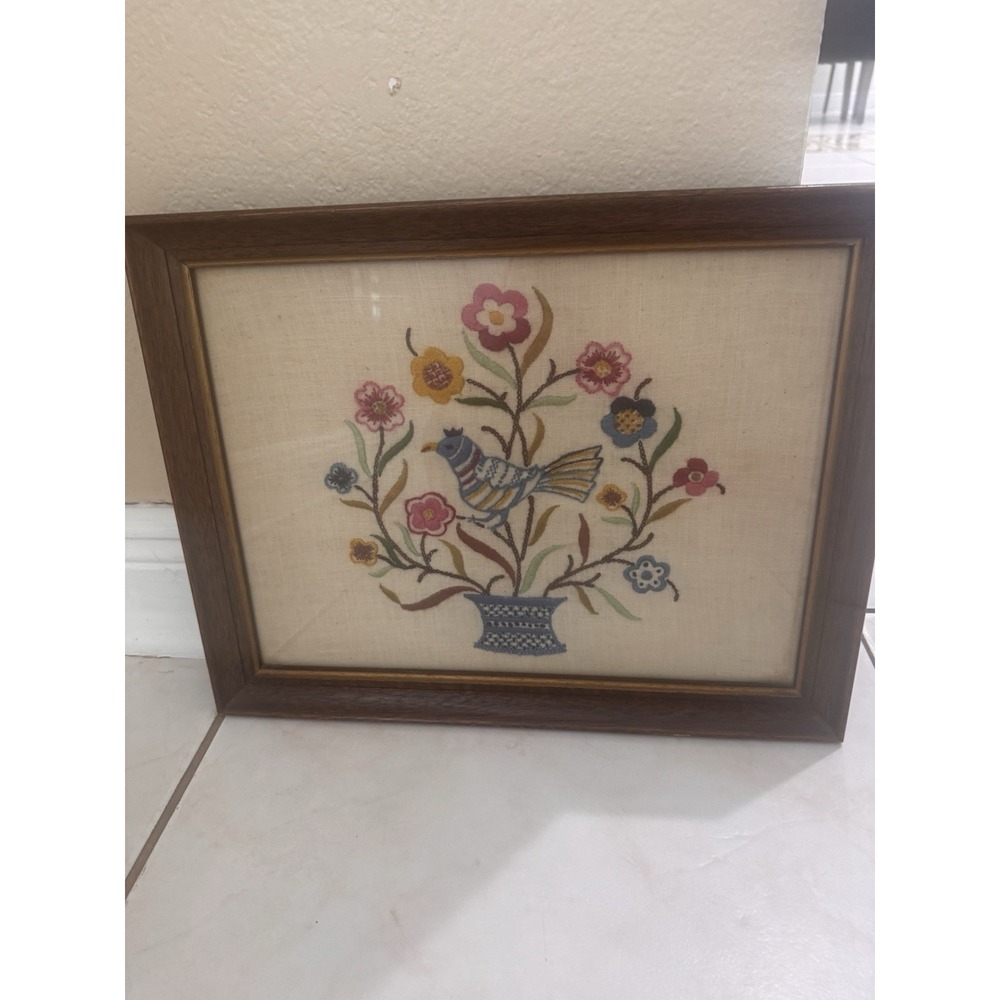 Vintage 1950s Crewel Embroidery Framed Bird Floral Folk Art Wall Decor 18x14